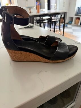 UGG Black Leather Cork Wedge Sandals with Ankle Strap